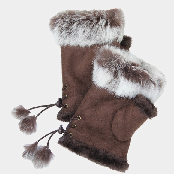 Dark Brown Fingerless Gloves Faux Fur Trim NWT - Picture 3 of 4